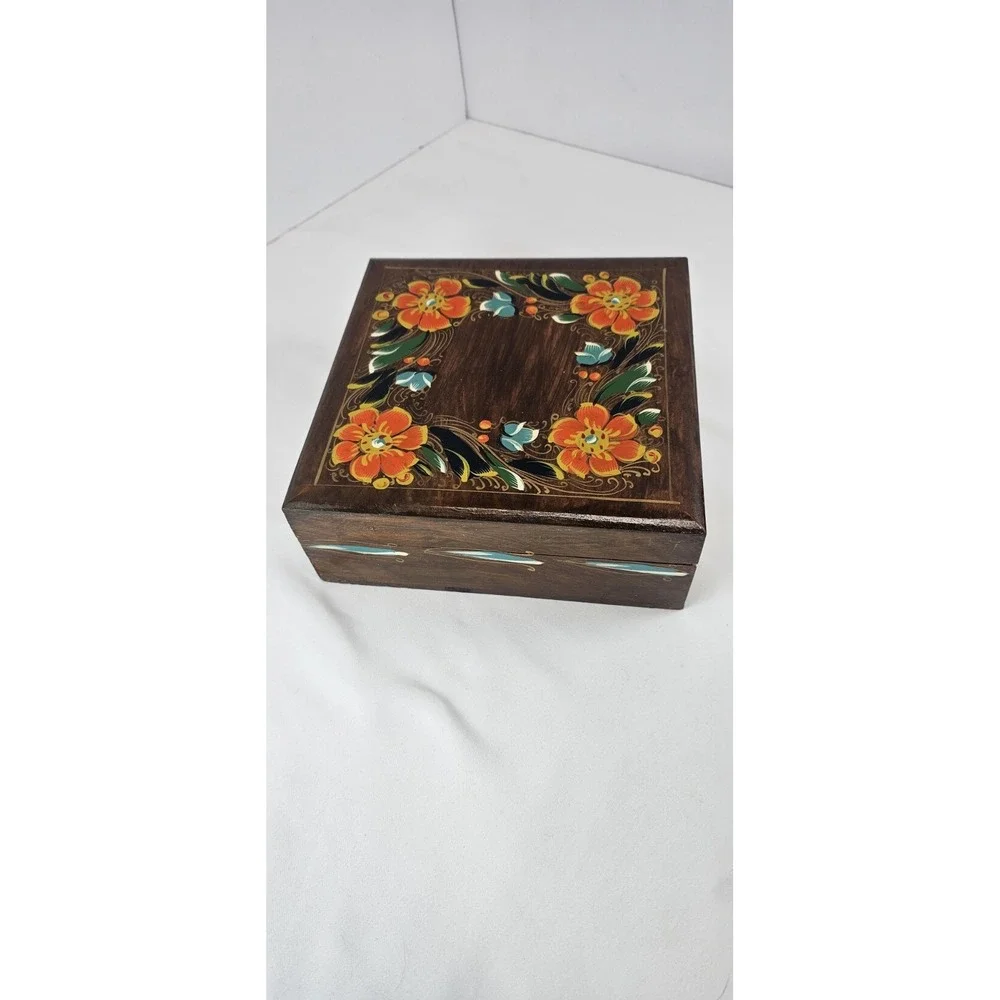 Vintage Hand Painted Wood Trinket Box Floral Folk Art Jewelry Box Hinged Lid